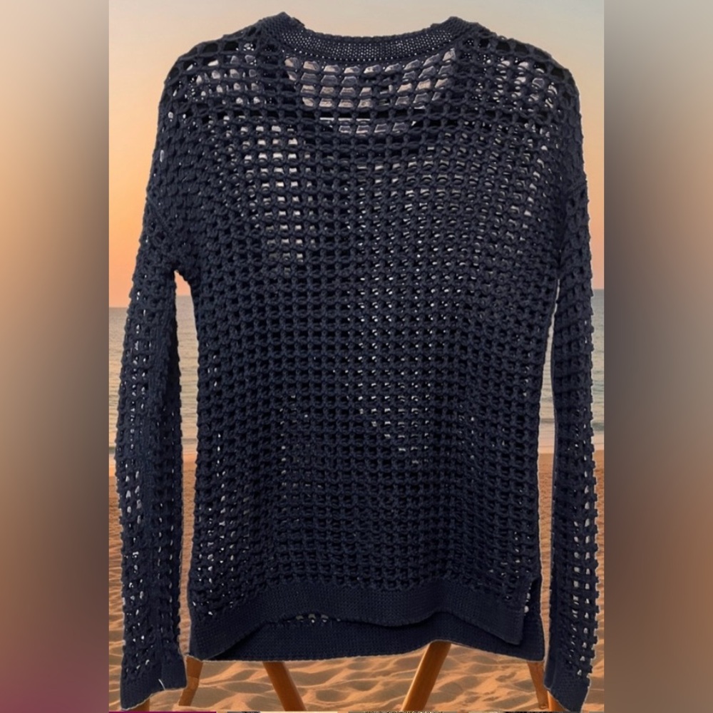 Will Smith Navy Blue Open Knit Rounded Neckline Long-sleeve Sweater Sz SMALL